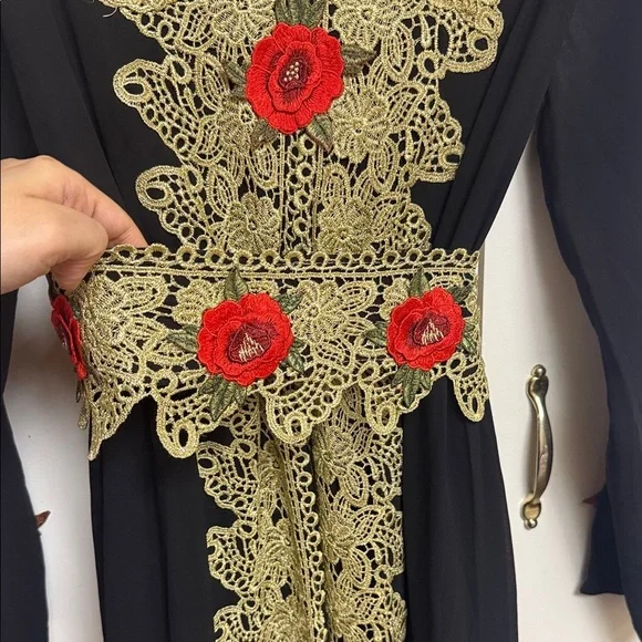 Black Long Sleeve Dress with Gold Lace and Red Floral Accents with Belt size Med - Picture 7 of 12